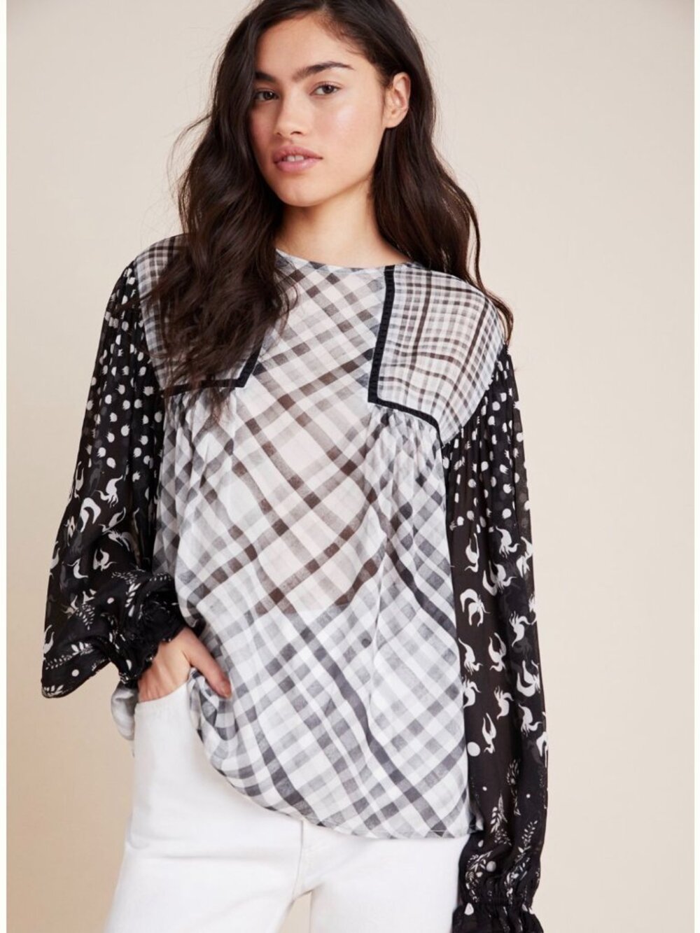 EGUC Anthropologie Bl-nk Miranda Peasant Blouse Black/White Geometric Large